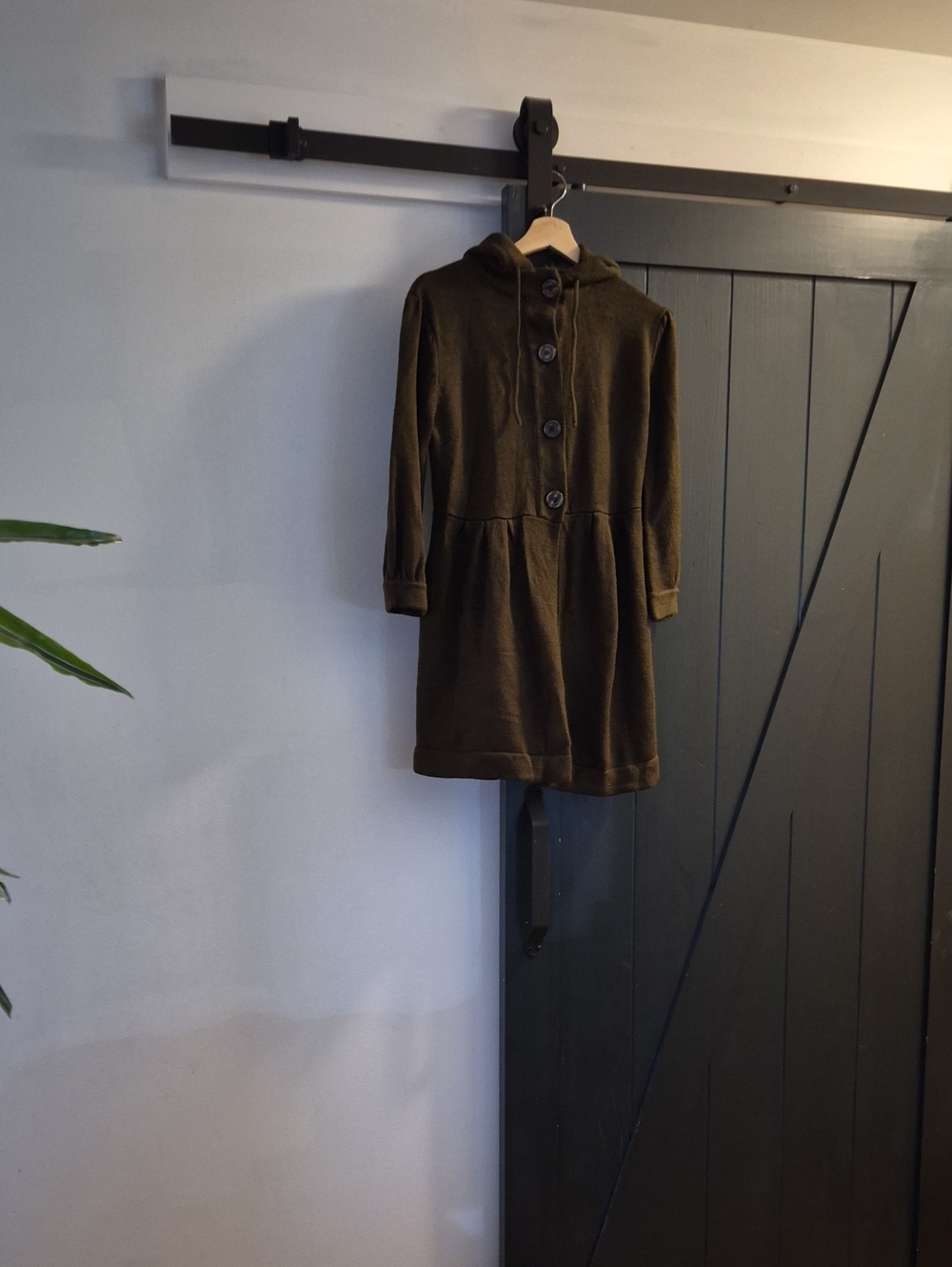 Hooded Button-Front Tunic Dress in Olive Green